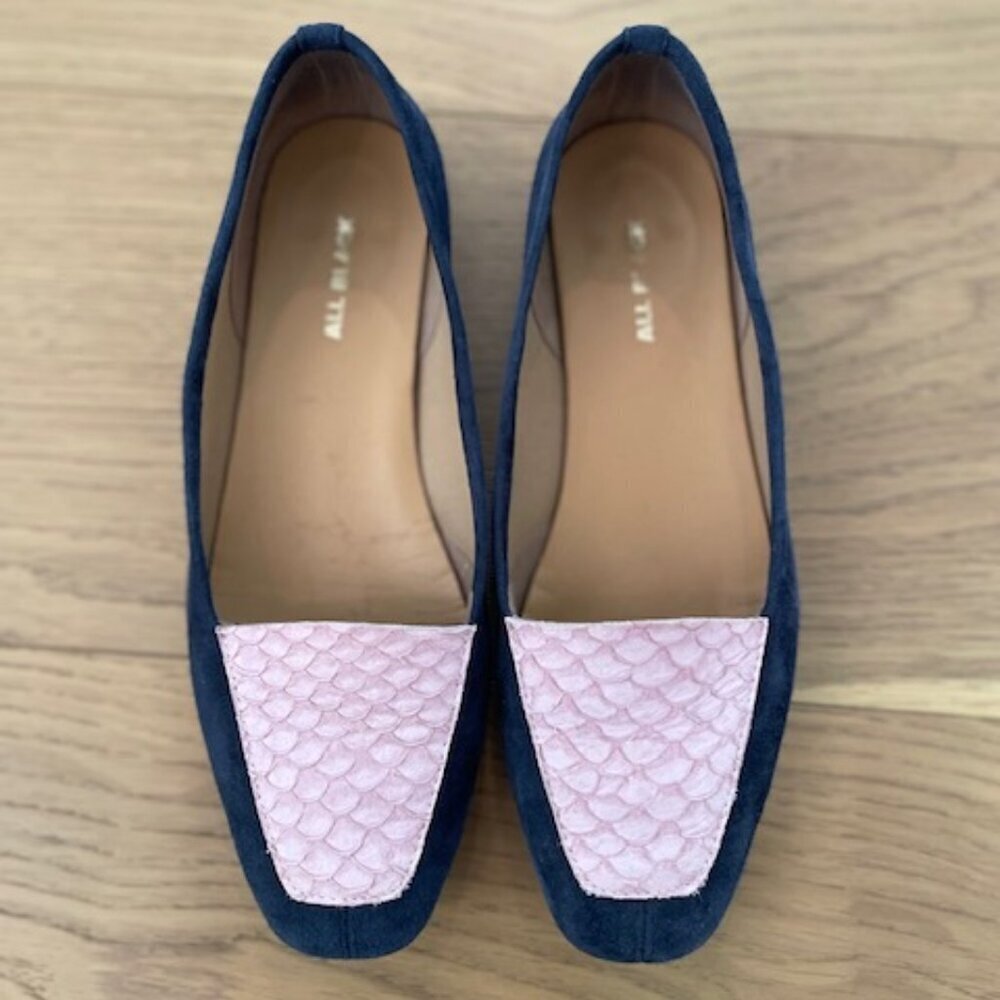Anthropologie All Black Suede Navy and Lavender Loafer Size 7.5